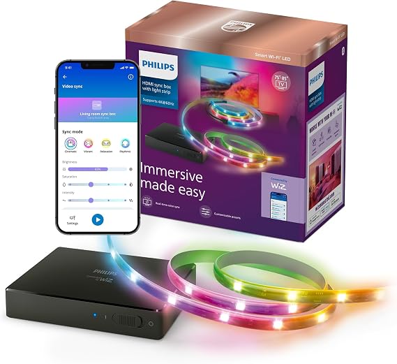 Philips Smart Lighting HDMI Sync Box with TV Backlight, 75-85 Inch | RGBIC LED Strip, Sync with Movies & Music, HDMI 2.0 4K at 60 Hz, App/Voice Controls, Requires External Video Source