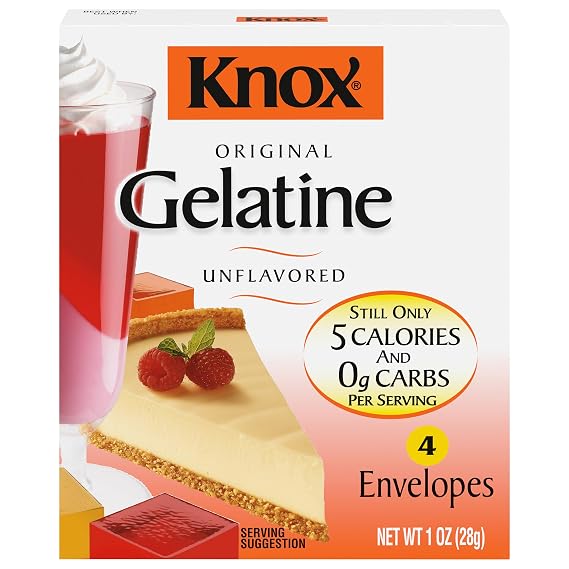 Knox Gelatine, 4 ct. Packets, Original Unflavored | Zero Carbs & 5 Calories, Unflavored Gelatin, Plain Gelatin for Desserts, Make Parfaits, Cheesecake or Marshmallows