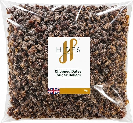 Hides Fine Foods - Chopped Dates (Sugar Rolled) 1kg - Suitable for Vegetarians - Baking - Granola - Breakfast - Snacking - Desserts - A good source of Potassium, Magnesium, B vitamins.