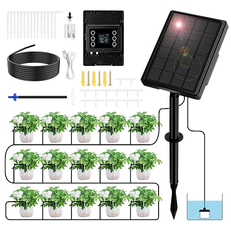 Solar Drip Irrigation System Automatic Watering Irrigation Kit for 15 Potted Plants, Auto DIY Watering System Plant Water Devices with Timer & 10m Hose for Greenhouse Balcony Indoor Outdoor