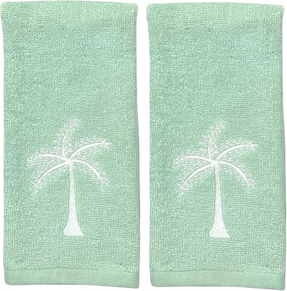 Tropical Coastal Guest Fingertip Bathroom Towels, Green Palm Tree, 12x18"