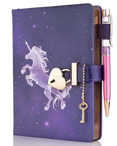Diary with Lock For Girls Unicorn Diary Aesthetic Notebook with Love Locks Cute Notebook Journal For Girls PU Leather Notebook Diary for Girls Ages 8-12, purple