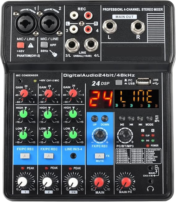 Audio Mixer, 4 Channel Sound Mixer Function 24 DSP Effect USB Computer Record Play Live Broadcast Mixing Console
