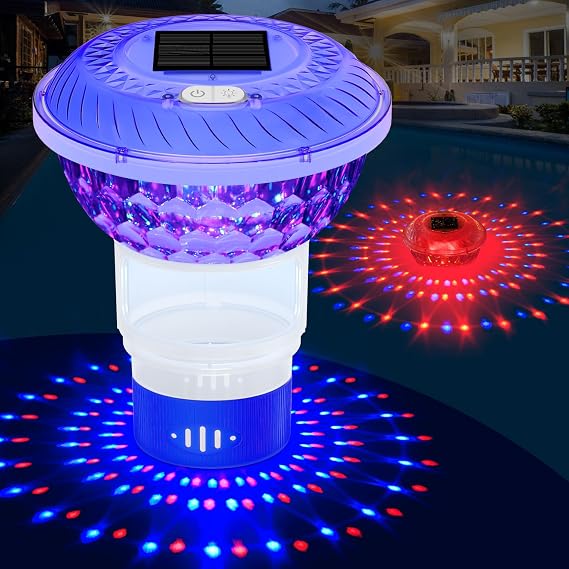 Solar Chlorine Floater with Colorful Light Show,Chlorine Floater | Button Control Chlorine Floater with Adjustable Release, Easy Opening Floating chlorines Dispenser for Pool, Hot Tub, Blue
