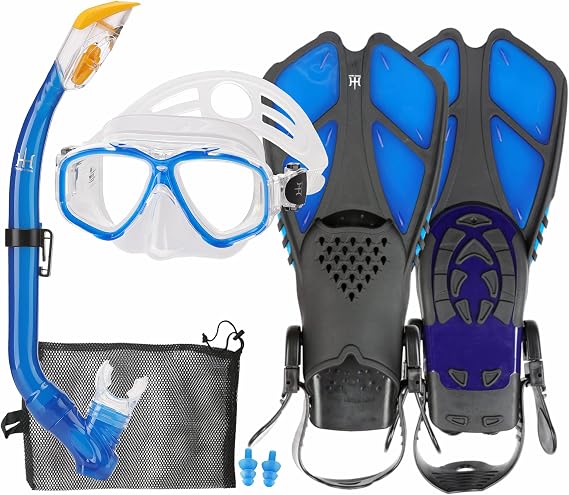 Children's snorkel set with fins 180° panorama wide view diving goggles children adjustable flippers high-quality diving mask and dry top snorkel