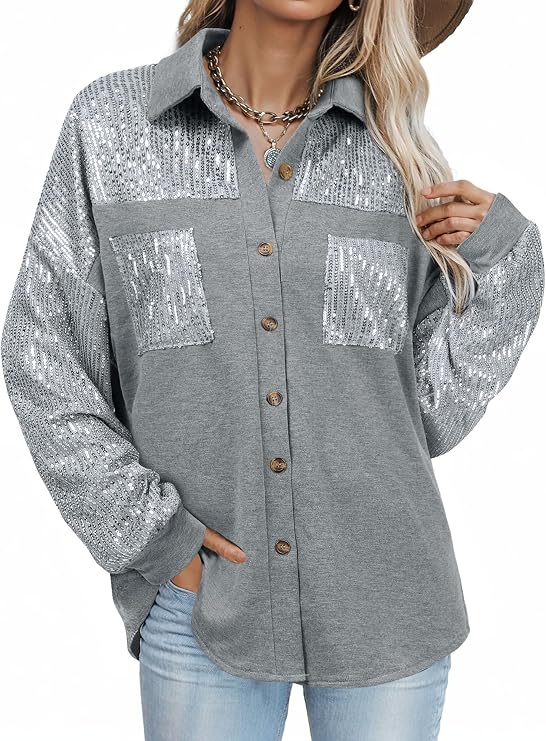 Ezcosplay Women Button Down Shirt Sparkly Sequin Shacket Long Sleeve Glitter Casual Outerwear Tops