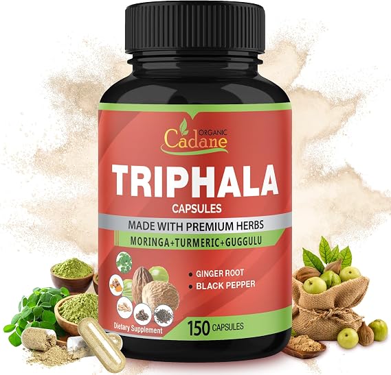Organic Cadane Triphala Extract Capsules, 5 Months Supply with Turmeric, Guggulu, Ginger, Black Pepper, Moringa - Support Digestion Health & Immune System