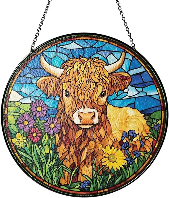Highland Cow Sun Catcher, Colorful Acrylic Window Hanging Decor, Stained Glass Style Highland Cow Ornament for Home, Garden, Balcony, Gift for Animal Lovers (B)