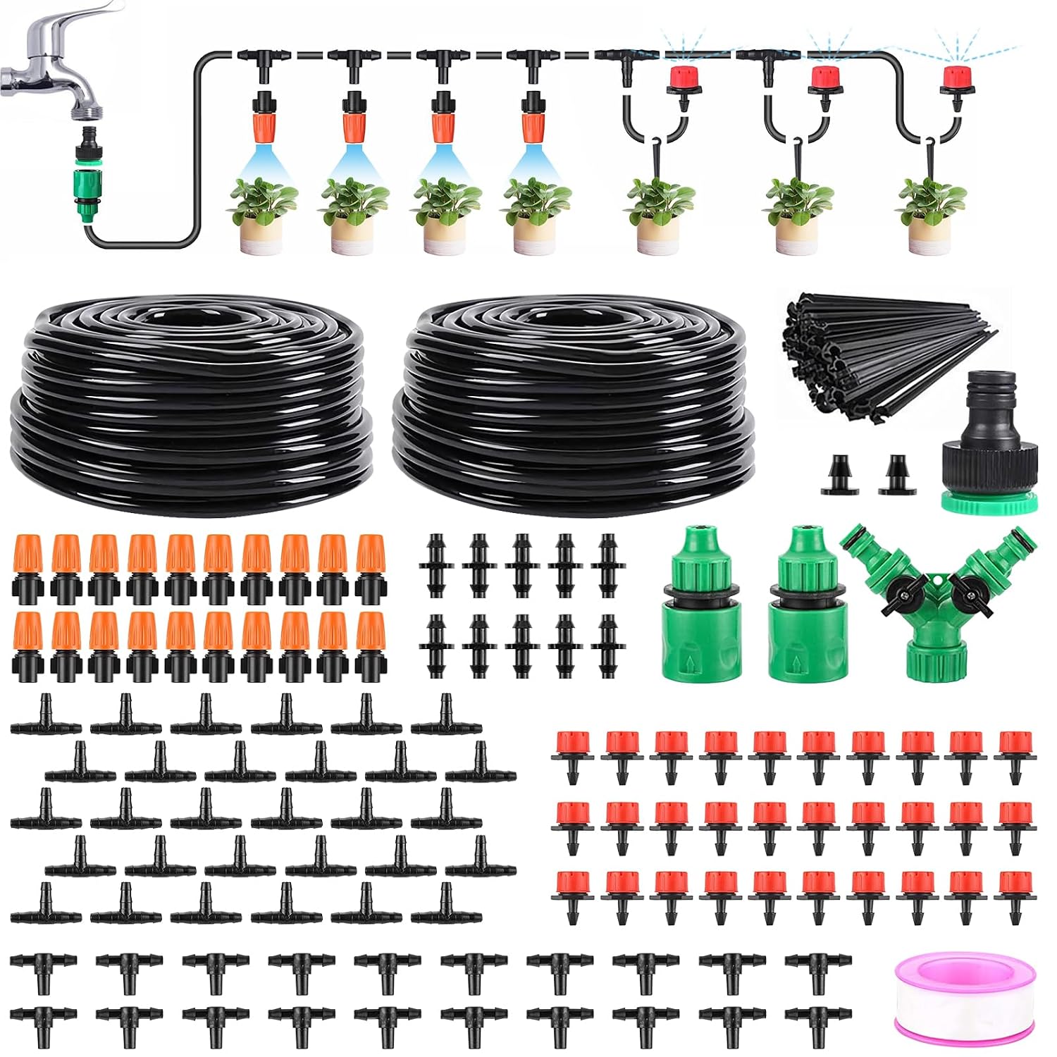 LasTool 30M/98FT Drip Irrigation Kit,Automatic Garden Watering System with 1/4" Tubing,Adjustable Mist Sprayer Nozzles & Drip Emitters for Raised Bed,Patio,Lawn,Greenhouse-Easy DIY Installation