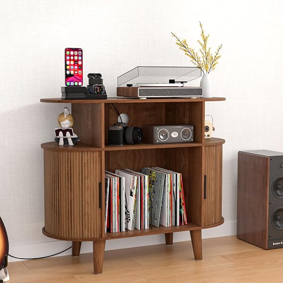 LUVIOHOME Round Record Player Stand, Mid-Century Record Player Table