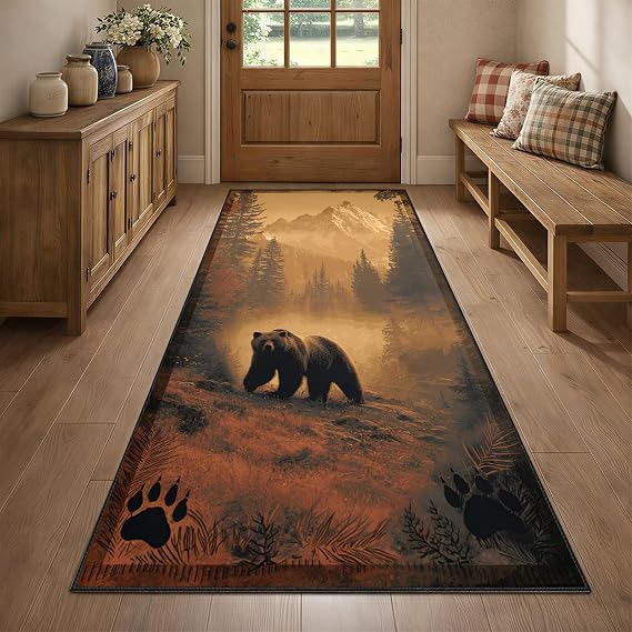 Bear Runner Rugs for Hallway 2.6x10, Rustic Cabin Runner Rug, Southwest Country Wildlife Rug Non-Shedding & Easy Care, for Living Room Bedroom