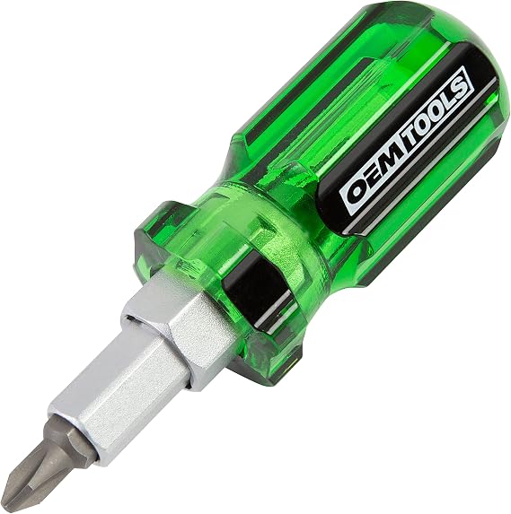 OEMTOOLS 22592 Stubby 6 In 1 Screwdriver with Acetate Handle, Changeable Screwdriver, Non-Insulated Stubby Screwdriver Set with Magnetized Driver Bits