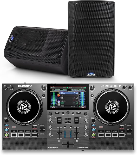 Numark Mixstream Pro Go DJ Controller and ALTO TX410 Powered PA Speakers Pair for Live Music, DJ sets, Events, Music production