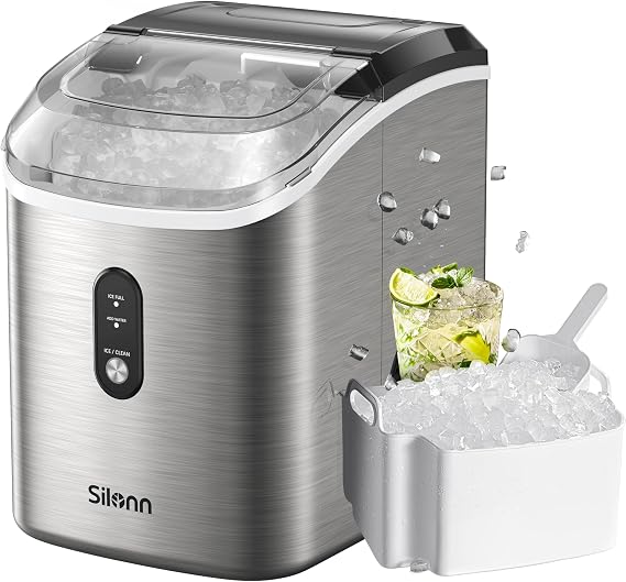 Silonn Nugget Ice Maker Countertop, Pebble Ice Maker Machine with Self-Cleaning Function, 34lbs/24H, Ice Makers for Home/Kitchen/Office, Stainless Steel