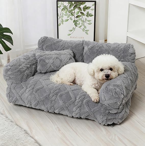 Plush Calming Pet Sofa Bed, Fluffy Dog Couch Bed with Removable Cover, Soft Washable CatBed. (Grey,S:17.7 * 15.4 * 8.3 in)