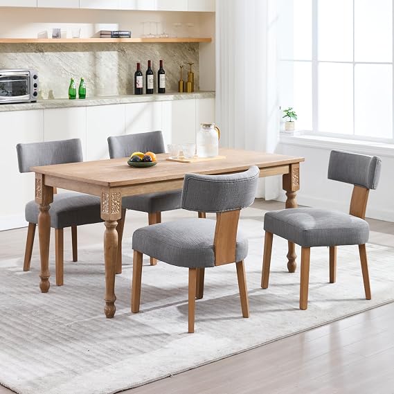 Mid Century Modern Dining Chairs Set of 4 - Linen Upholstered with Wood Legs and Curved Back for Farmhouse Dining Tables, Ideal Accent Side Chairs for Living Dining Rooms (Gray, Set of 4)