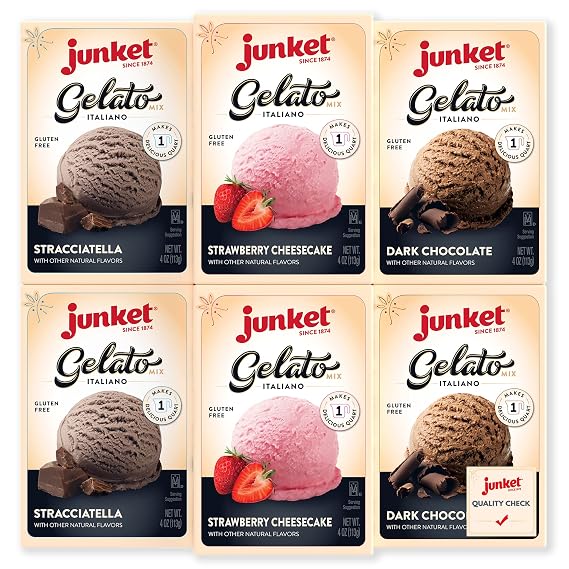 Junket Gelato Mix: Stracciatella (Vanilla Chocolate), Dark Chocolate, Strawberry Cheesecake, Homemade Gelato Mix for Ice Cream Maker or Stir By Hand 4 ounce box, Yields 1 quart (Variety Pack of 6)