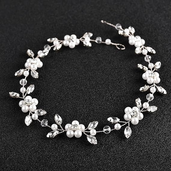 DonLeeving Flower Girl Headpiece Silver Wedding Pearls Rhinestone Headband Princess Hair Accessories for Birthday, Party, First Communion, Wedding (Silver)