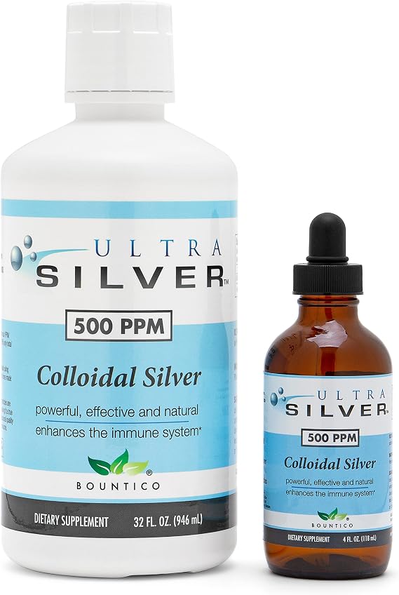 Ultra Silver Colloidal Silver | 500 PPM, 32 Oz 946mL | Mineral Supplement | True Colloidal Silver - 4 oz Dropper Bottle Empty Included for Dispensing!