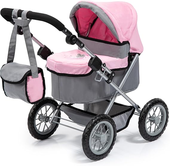 Bayer Design Baby Doll Stroller & Pram for Kids Ages 2-8, Grey/Pink | Adjustable Handle (15-27 inches), Includes Matching Shoulder Bag, Large Storage Basket & Quick-Fold Design for Easy Travel