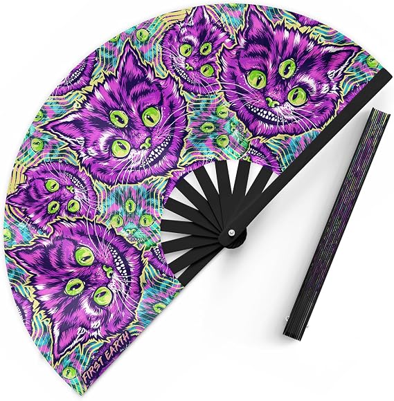 UV Glow Rave Fan Folding Hand Fan with Bamboo Ribs & Blacklight Reactive Fabric Loud Snap, Festival Accessory for EDM, Dance, Party, and Performance 13 Closed, 25 Open (Cheshire Dreams)