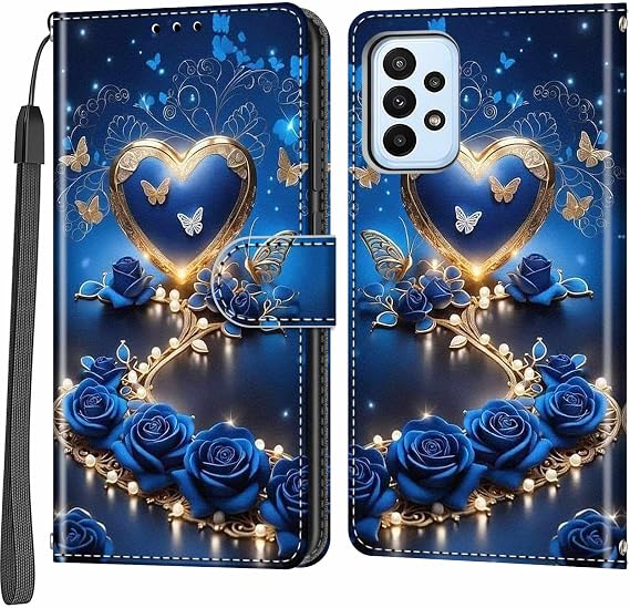 Case Wallet for Samsung Galaxy A23 5G, Blue Flower | Kickstand, 3 Card Holder, Shockproof TPU Interior Shell, PU Leather, Magnetic Flip Cover, Lanyard Strap