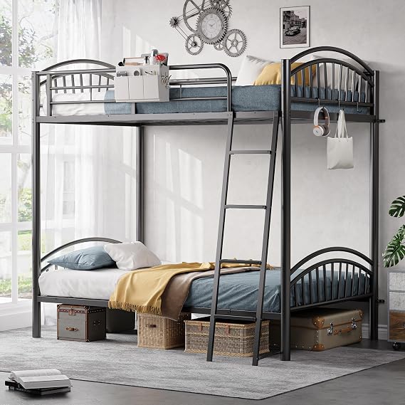 Metal Bunk Bed Twin Over Twin, Heavy Duty Industrial Bunkbeds with Bedside Caddy, EVA Anti-Slip Convertible Ladder&Flat Rungs, Space Saving Bunkbeds Frame for Bedroom Dorm for Adult&Teen (Black)