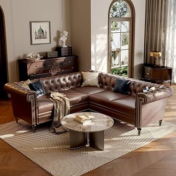 85" Chesterfield Sectional Sofa, L Shaped Convertible Faux Leather Couch with Tufted Nailhead & Rolled Arms, 5-Seater Leather sectional couches for Living Room, Apartment, Office, Dark Brown