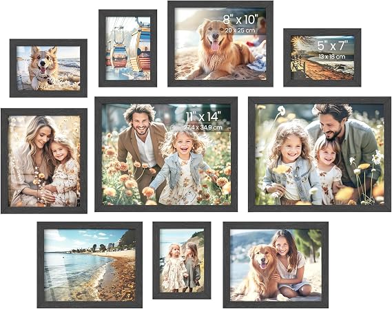 SONGMICS Collage Picture Frames, Set of 10, Glass | Photo Frame, Wall Gallery Decor, Table Display, Two 11 x 14, Four 8 x 10, Four 5 x 7, Ink Black, KAVI Collection URPF110B01