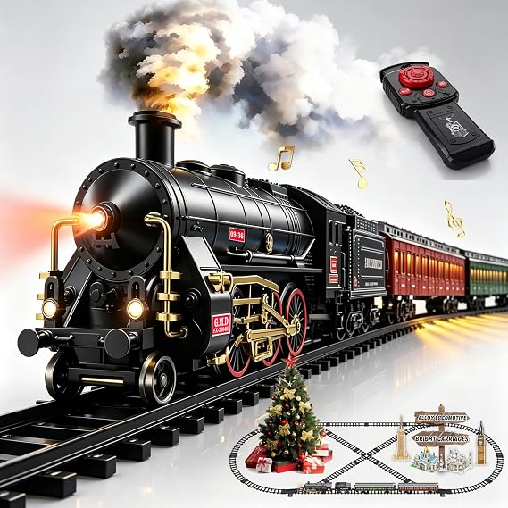 Electric Remote Control Train Set Metal Alloy Steam Locomotive with Glowing Passenger Carriages Smoke, Sound & Light Luxury Tracks Train Christmas Birthday Toy Gift for Boys Kids