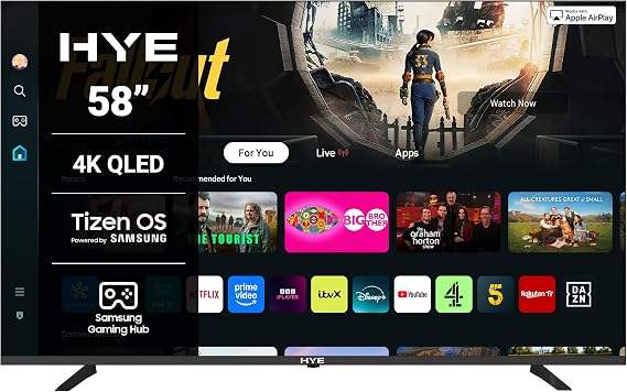 HYE 58" QLED Smart TV - 4K Ultra HD, Samsung Tizen OS & Gaming Hub, Black