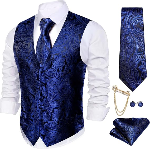 Barry.Wang Formal Floral Men Vests Jacquard Silk Ties Suit Waistcoat 5PCS