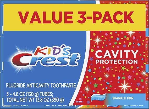 Crest Kid's Cavity Protection Toothpaste, Crest Kids Toothpaste, For Children And Toddlers 2+, Sparkle Fun, 4.6 Oz (Pack of 3), Toothpaste For Kids, Packaging may vary