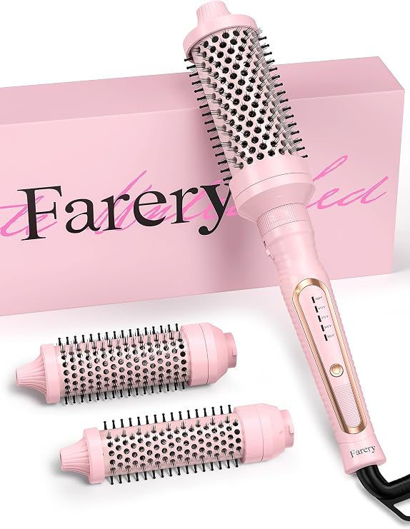 Farery PRO 3-in-1 Thermal Brush Set - Adjustable Temperature, Detachable Curling Brush Heads (1.25", 1.5", 1.77"), Dual MCH, 20s Fast Heating for Quick Volume & Effortless Curls, Rose Pink