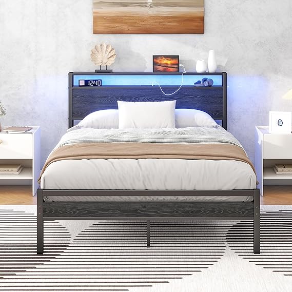HOJINLINERO Double Bed Frame with Storage Headboard and LED Lights,Black
