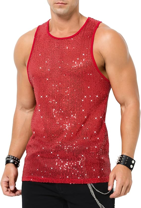 Arjen Kroos Mens Sequin Tank Top Sparkly Metallic Sleeveless Party Shirts