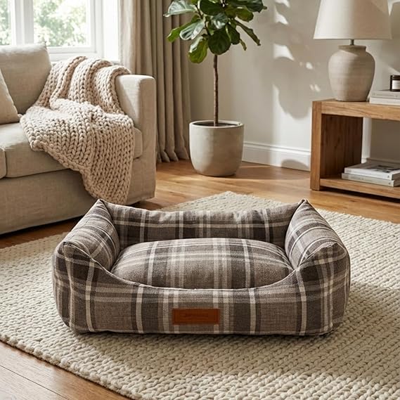 Jungolica Comfy Pet Kedi ve Köpek Yatağı Bej/Oeko-Tex Sertifikalı Dokuma Kumaş, Yıkanabilir Fermuarlı Minder, Destekleyici Yapı, Kaydırmaz Taban (Bej, Large 58 × 70 × 22 CM)