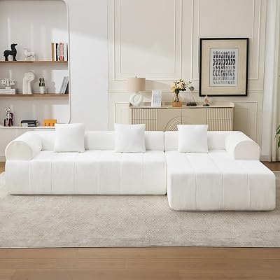 119 Boneless Curved Sectional Couch, Cloud Deep Seat L Shaped Sofa with Right Chaise Lounge,Modular Compression Couch for Living Room, No Assembly, White