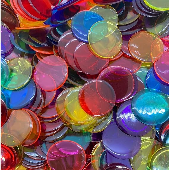 MR CHIPS Plastic Bingo Chips for Game 500 Count Bag - Transparent 7 Color Mix Counting 3/4 Inch