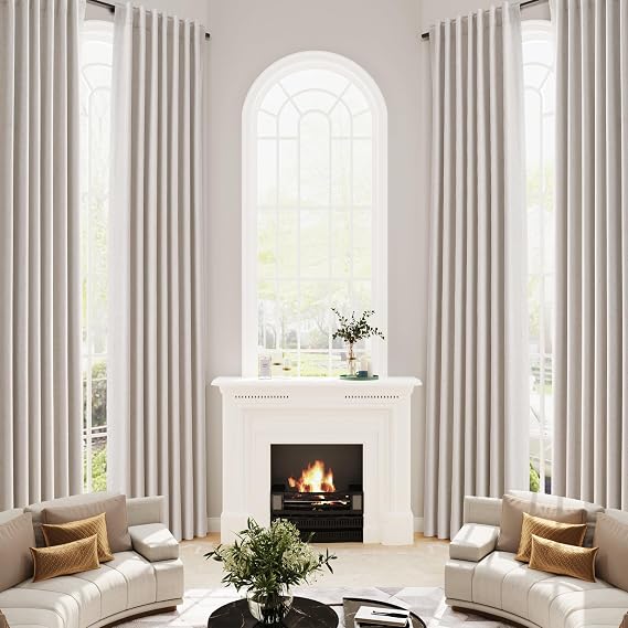 Joywell 100% Blackout Extra Long Linen Curtains Light Cream 144 Inches Black Out Curtain 12ft Neutral Boho Farmhouse Drapes with Back Tab for Living Room High Ceiling Bedroom Window 1 Panel 52x144