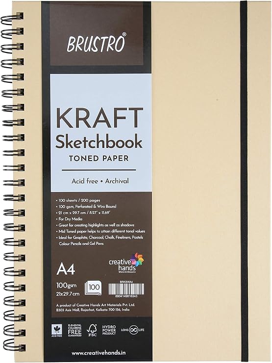 Brustro Toned Paper - Kraft Sketchbook, Wiro Bound, Size A4 (8.3x11.7 inches), 100GSM. (100 Sheets) 200 Pages, Acid-Free|Ideal for Dry Media, Mandala Art, Graphite, Charcoal, Colour Pencils, Gel pens