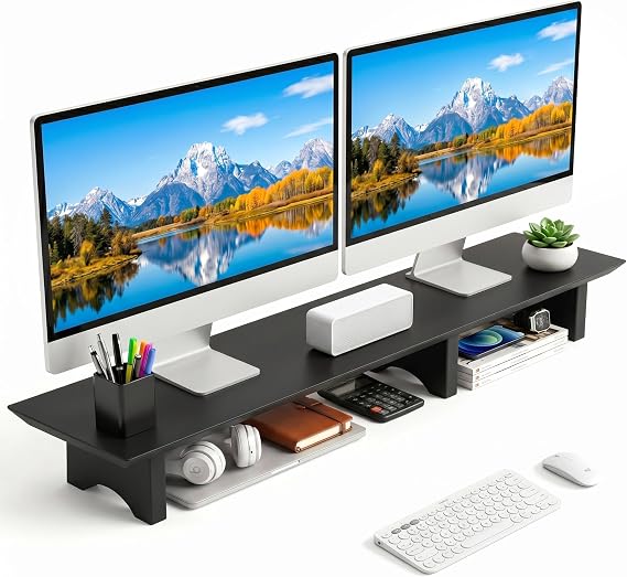Aothia 43 in Black Solid Wood Dual Monitor Stand, Monitor Riser for Desk