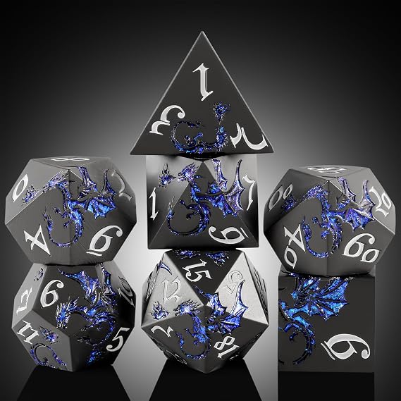 DNDND Metal DND Dice, 7 PCS Metallic D&D Dice Set with Random Color Gift Case for Dungeons & Dragons, Tabletop Games (Glitter Blue with Black)