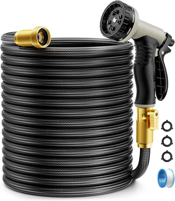 Garden Hose Non-Expandable 75ft, Outdoor and Garden Flexible Water Hose with 10 Function Nozzles, Portable, Kink-Free, Rust Proof, Lightweight Hose for Yard, Car Wash, Lawn, Camper, Easy to Store