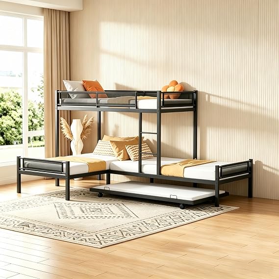 PVWIIK LShape Twin Quad Bunk Beds Frame, Metal Triple Bunk Bed w/Trundle
