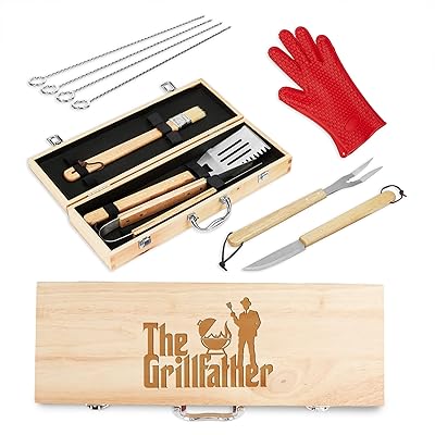 11-Piece BBQ Grill Tool Set with Engraved Maple Wood Gift Box with Stainless Steel Barbecue Accessories with Wooden Handles The Grillfather Grilling Kit for Dad, Men, Husband