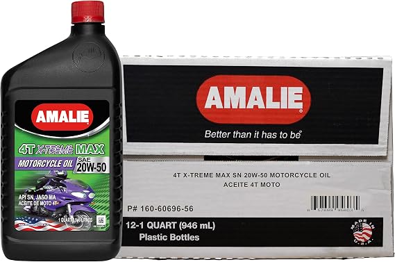 AMALIE 4T X-Treme Max 20W-50 Motorcycle Oil (160-60696-56) 1 Quart Bottle, Pack of 12 | Made in USA