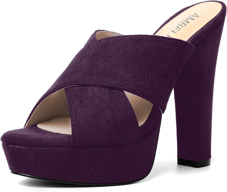 AMBELIGHT Womens Platform Fashion Uniform Slip On Open Toe Solid Suede Chunky High Heel Sandals 5 Inch