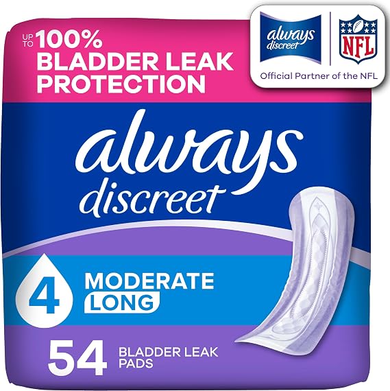 Always Discreet Adult Incontinence Pads for Women, Drier, 4 Drop Long Length, Moderate Absorbency, Pads for Bladder Control Management, Bladder Leaks, Postpartum Pads, 54ct