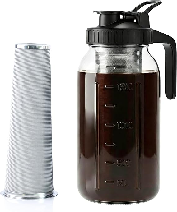 Cold Brew Coffee Maker 64 Oz Wide Mouth Mason Jar Pitcher With stainless steel Filter 2 Quart Airtight & Leak-Proof cold brew pitcher with pour spout lid and handle For iced Coffee Tea and lemonade